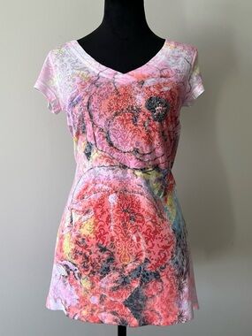 Point Zero Pink Floal Rhinestone Embellished Y2K Shirt with Asymmetric Hem